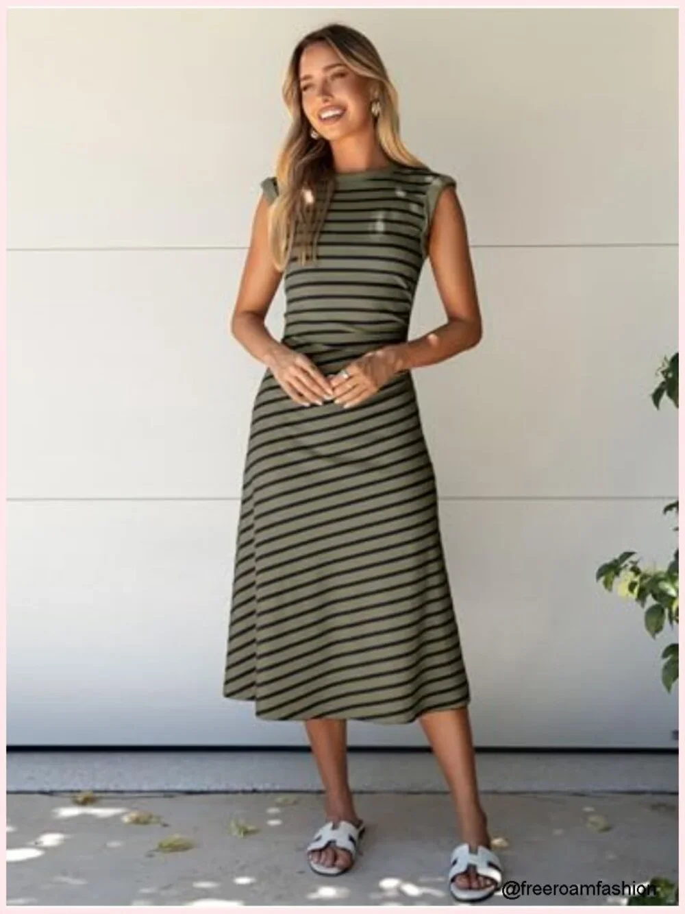 Women's Striped A-Line Midi Dress Cap Sleeve Casual Summer Dress Soft Stretch